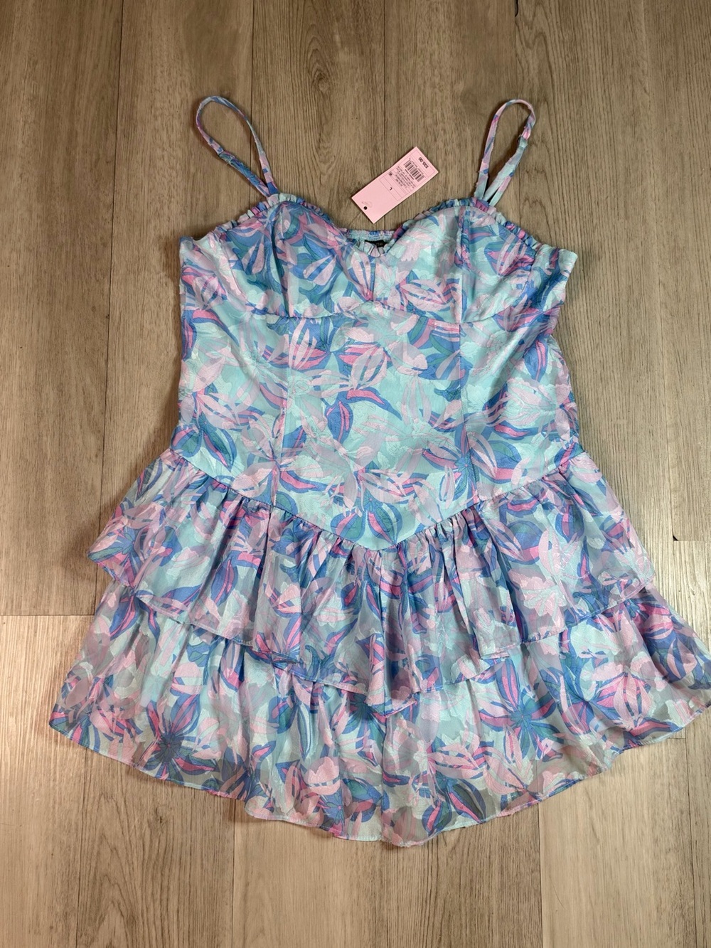 Wild Fable Blue Pink Purple Floral 80’s look Sleeveless Short Ruffle Dress L NWT